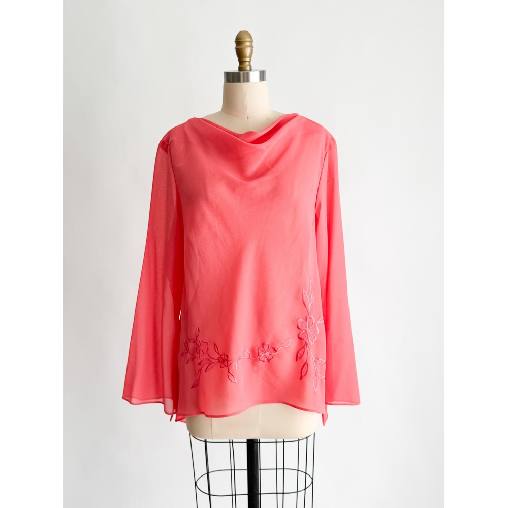 Willow Ridge Blouse Cowl Neck Floral Embroidered Sheer 18 Coral Pink Long Sleeve